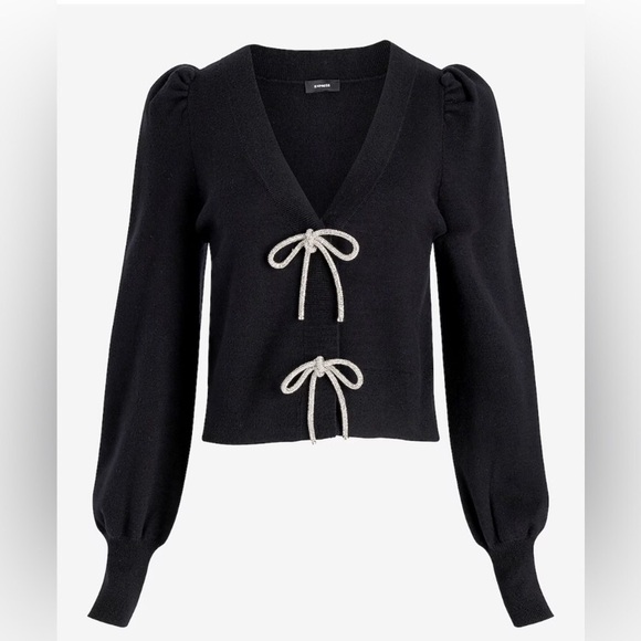 Express Rhinestone Embellished Bow Cardigan M Black Elegant Balletcore Layering - Picture 2 of 12